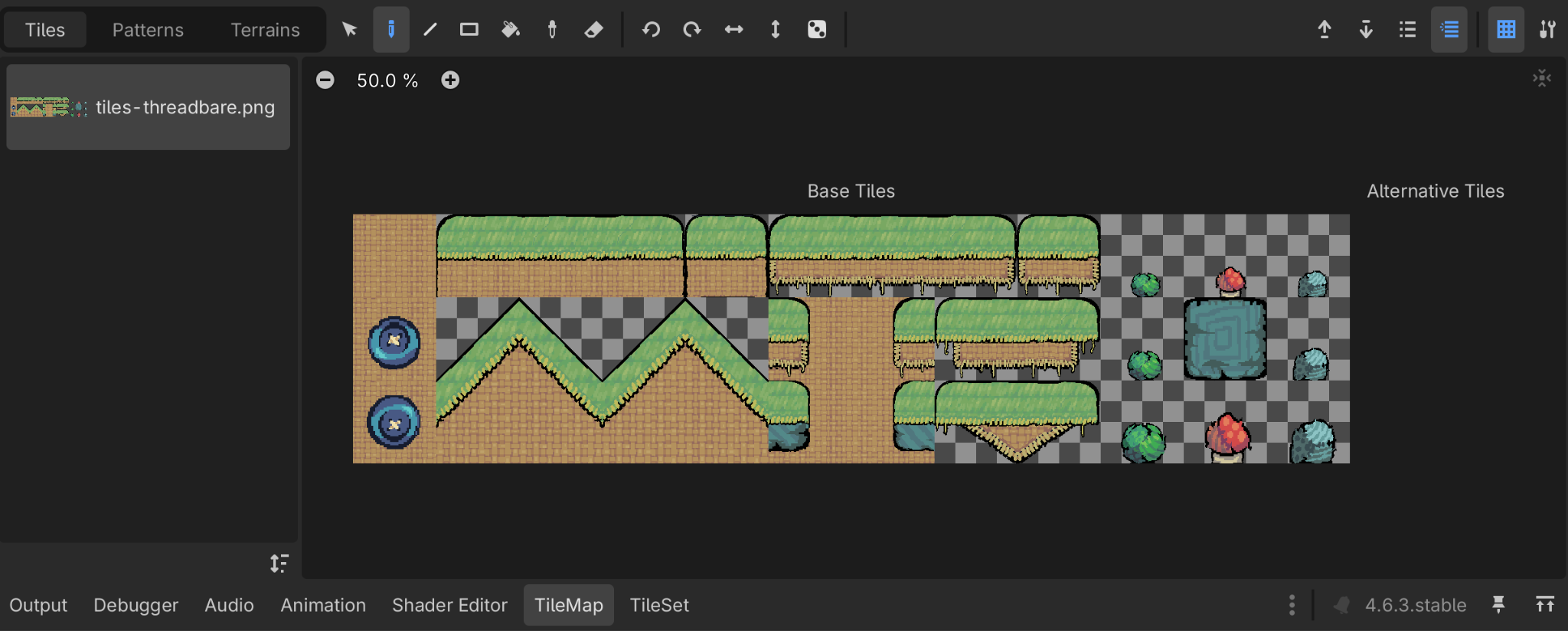 Strumenti TileMap di Godot usati per creare il terreno del livello