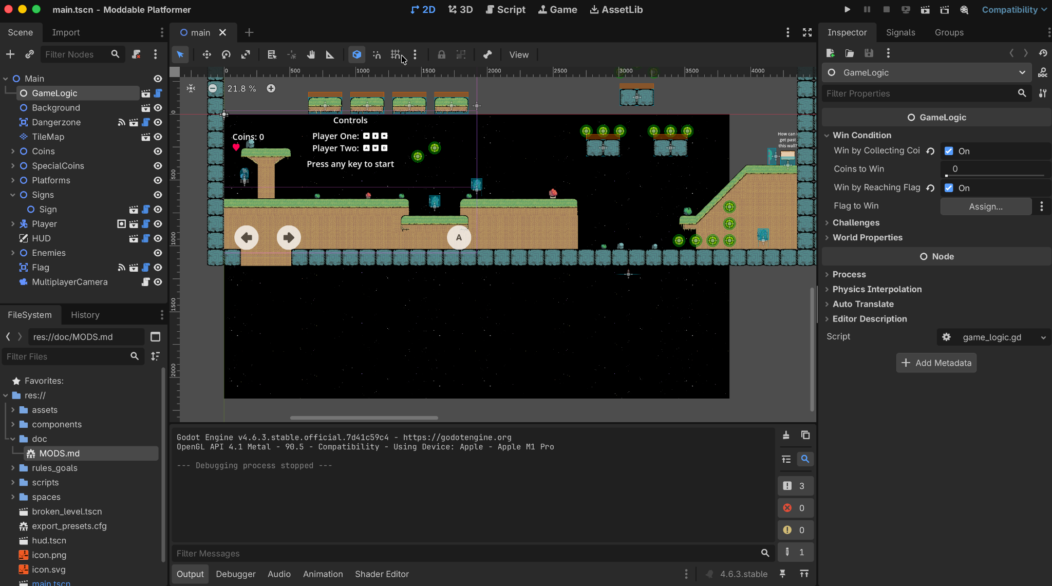 Il progetto platform 2D aperto nell'editor Godot Engine